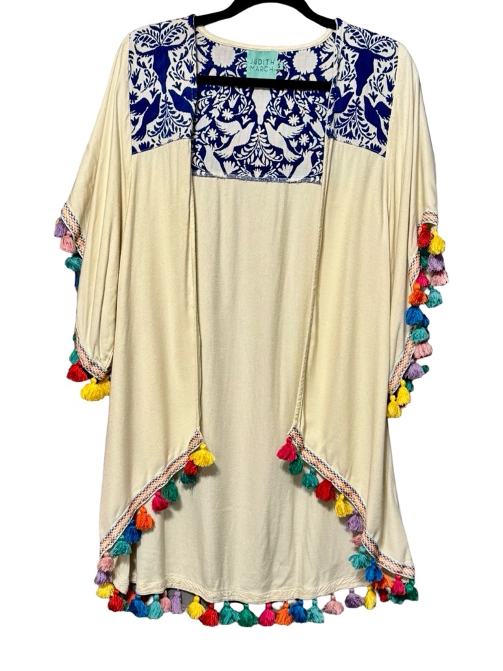 Judith March Tassel Trim Colorful Boho Open Front Swim Cover Beach Kimono